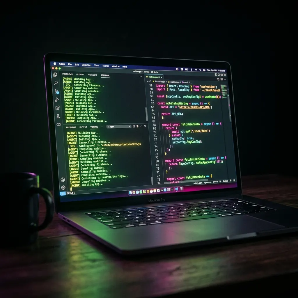 An AI coding agent autonomously wiring up an app in a neon-lit editor