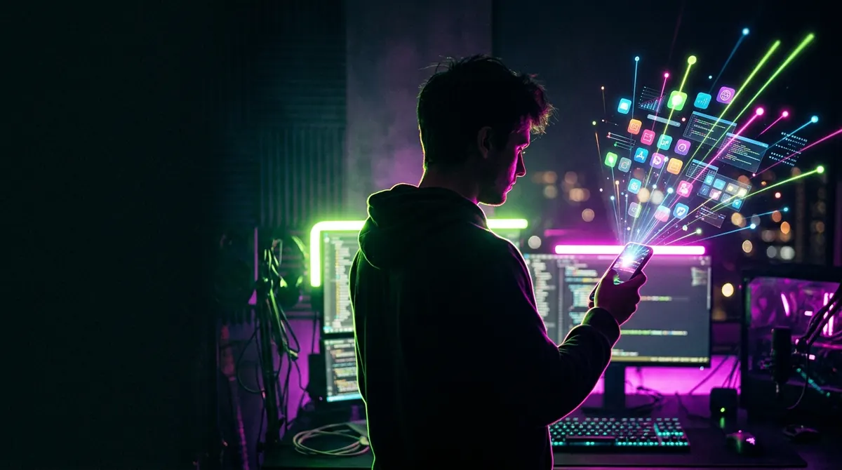 A developer at night watching their app spread to a neon network of creators